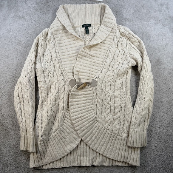 Lauren Ralph Lauren Sweaters - LRL Cardigan Womens Large Cream Cable Knit Shawl Collar Toggle Chunky Sweater